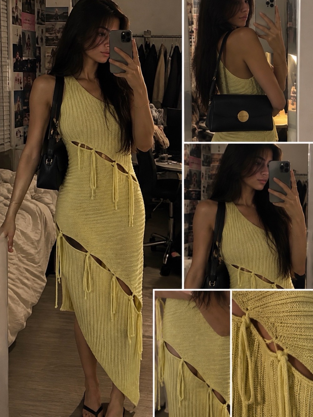 NBD Bianca Alternate Stitch Dress Cutout Knit Midi Yellow XS